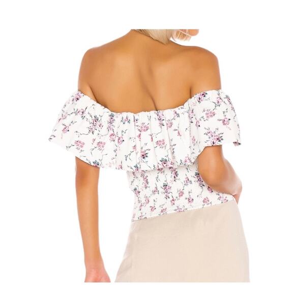LPA White Floral Print Ruffled Off the Shoulder Linen Smocked Top Size XS - Picture 3 of 12